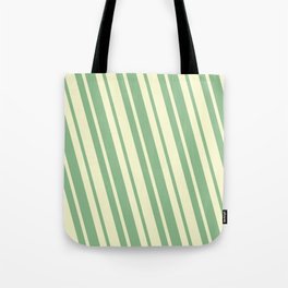 [ Thumbnail: Dark Sea Green and Light Yellow Colored Striped/Lined Pattern Tote Bag ]