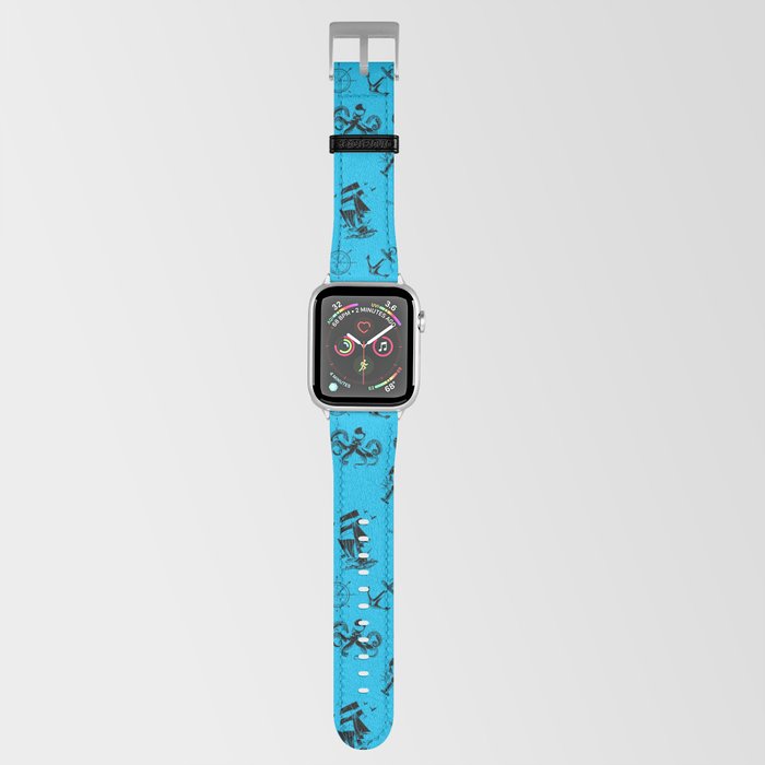 Turquoise And Black Silhouettes Of Vintage Nautical Pattern Apple Watch Band
