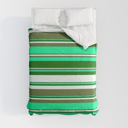 [ Thumbnail: Green, Dark Green, Mint Cream, and Dark Olive Green Colored Stripes/Lines Pattern Comforter ]
