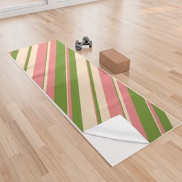 [ Thumbnail: Bisque, Green, and Light Coral Colored Striped/Lined Pattern Yoga Towel ]