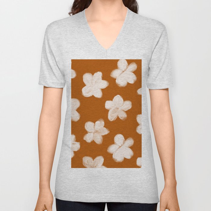 Retro 60s 70s Flowers over Neutral Earthy Brown V Neck T Shirt