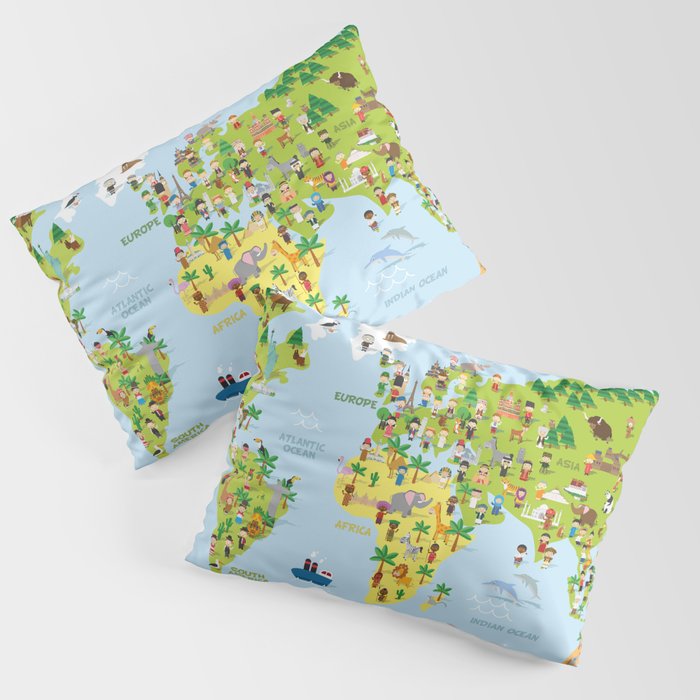 Funny cartoon world map with childrens of different nationalities, animals and monuments. Pillow Sham