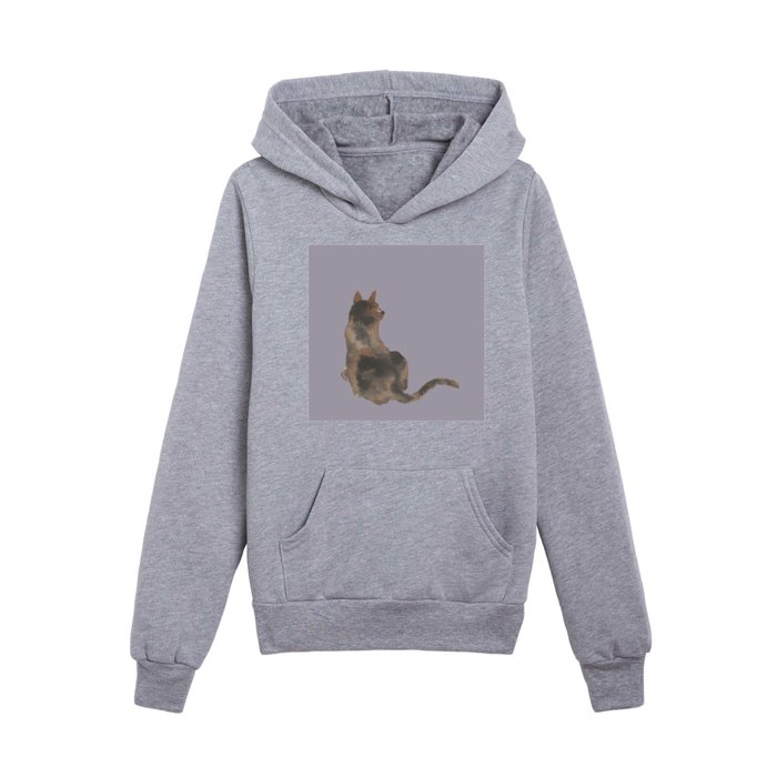 Grey BG Tortie Kitten Watercolor Style Antique Asian Ink Painting Art - Jin Nong - Tortoiseshell Calico Kitty Cat Kitties Modernized Background Redesign by Veda Kids Pullover Hoodie