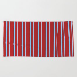 [ Thumbnail: Red & Light Sky Blue Colored Striped/Lined Pattern Beach Towel ]