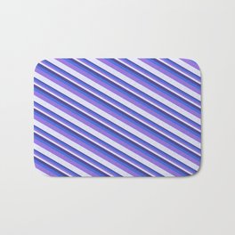 [ Thumbnail: Dark Slate Blue, Royal Blue, Purple, and Lavender Colored Striped/Lined Pattern Bath Mat ]