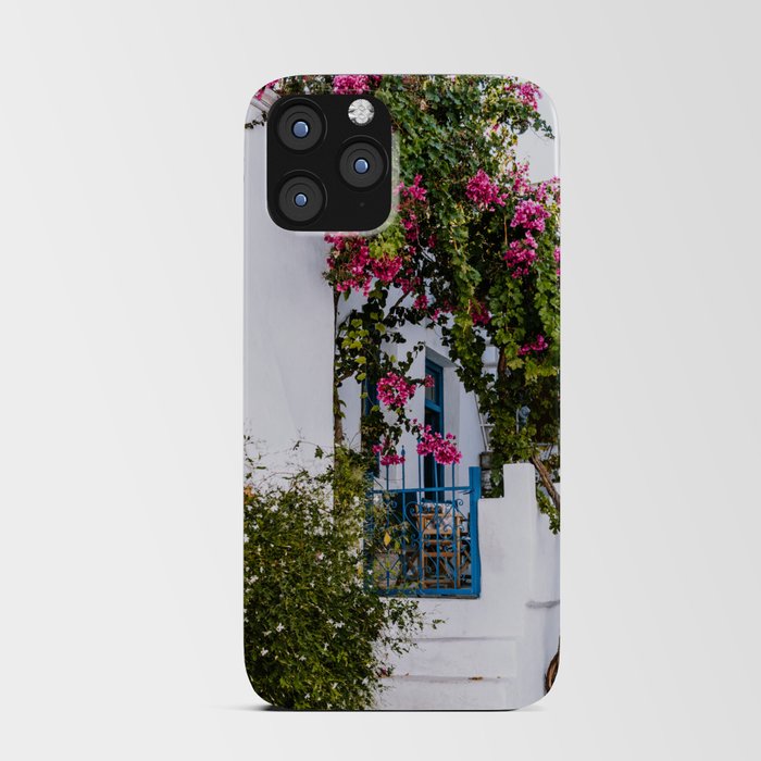 Traditional Greek Street Scenery | Blue Door and Pink Flowers | Island Life | Travel Photography in Europe iPhone Card Case