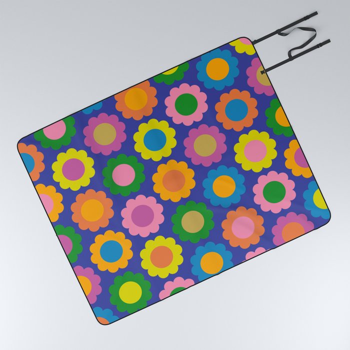 Happy Flowers Colorful Retro Pattern on Blue Picnic Blanket