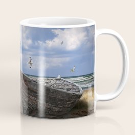 Stranded Boats on a Beach under a Cloudy Blue Sky Mug