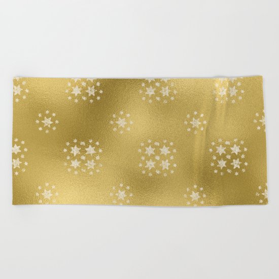Merry christmas- white winter stars on gold pattern I Beach Towel