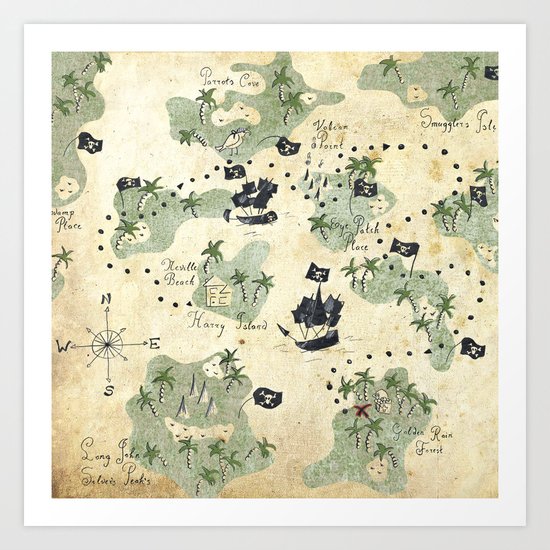 Hand Drawn Pirate Map Art Print