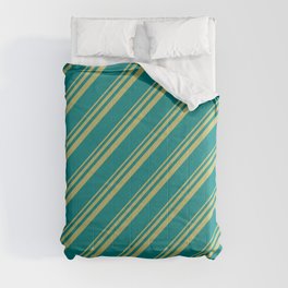 [ Thumbnail: Dark Khaki and Teal Colored Stripes/Lines Pattern Comforter ]