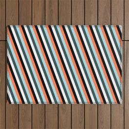 [ Thumbnail: Coral, Powder Blue, Dark Slate Gray, White, and Black Colored Stripes Pattern Outdoor Rug ]