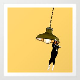 Tuxedo Cat Hanging on Lamp Art Print | Hanging, Hanginthere, Funny, Fun, Tuxedocat, Swing, Havefun, Happy, Lightbulb, Lamp 