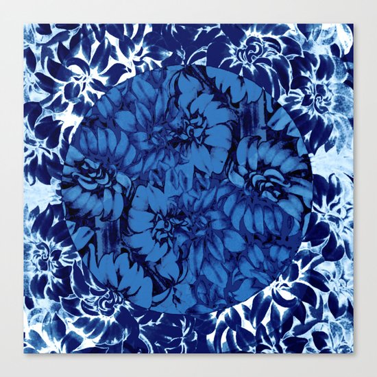 blue floral circle on blue floral Canvas Print