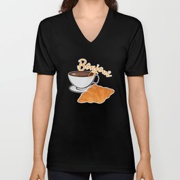 Croissant Coffee Bonjour - French Cafe V Neck T Shirt