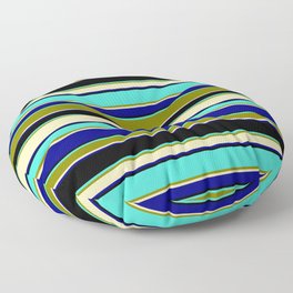 [ Thumbnail: Turquoise, Green, Beige, Blue & Black Colored Striped/Lined Pattern Floor Pillow ]