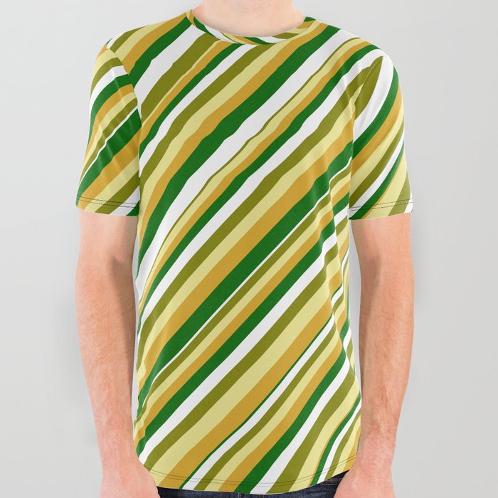 Vibrant Green, Tan, Goldenrod, Dark Green & White Colored Pattern of Stripes All Over Graphic Tee