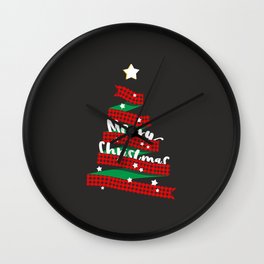 Merry Christmas Buffalo Checks Ribbon Tree Wall Clock