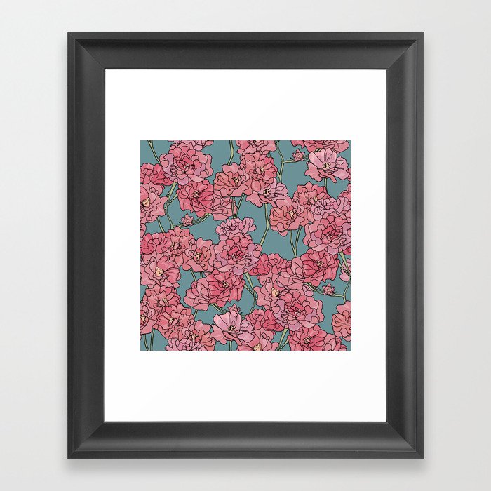 Pattern with pink damask roses on turquoise background Framed Art Print