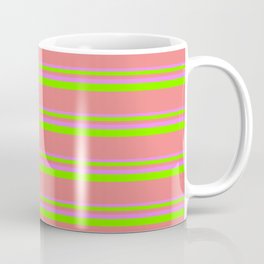 [ Thumbnail: Violet, Chartreuse, and Light Coral Colored Lined/Striped Pattern Coffee Mug ]