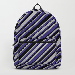 [ Thumbnail: Grey, Dark Slate Blue, and Black Colored Lined/Striped Pattern Backpack ]