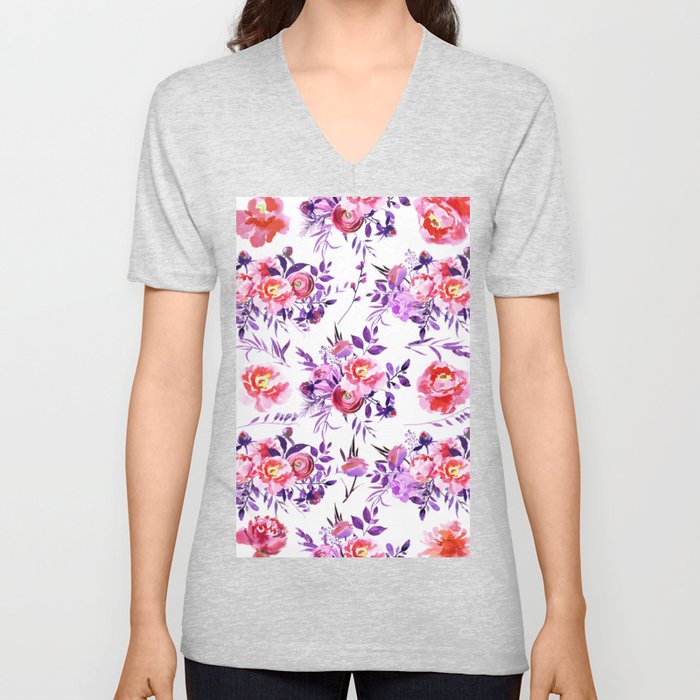 Abstract Botanical Lilac Pink Watercolor Peonies Floral  V Neck T Shirt