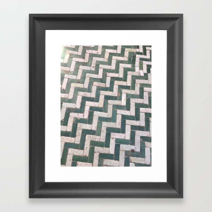 Moroccan Floor Tiles In Green And White Chevron Framed Art Print By Jennchemasko Society6 Somertile fxlm2owd retro octagon porcelain floor and wall tile, 11.5 x 11.5, matte white with glossy black dot. society6