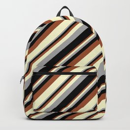 [ Thumbnail: Sienna, Light Yellow, Dark Grey, and Black Colored Stripes Pattern Backpack ]