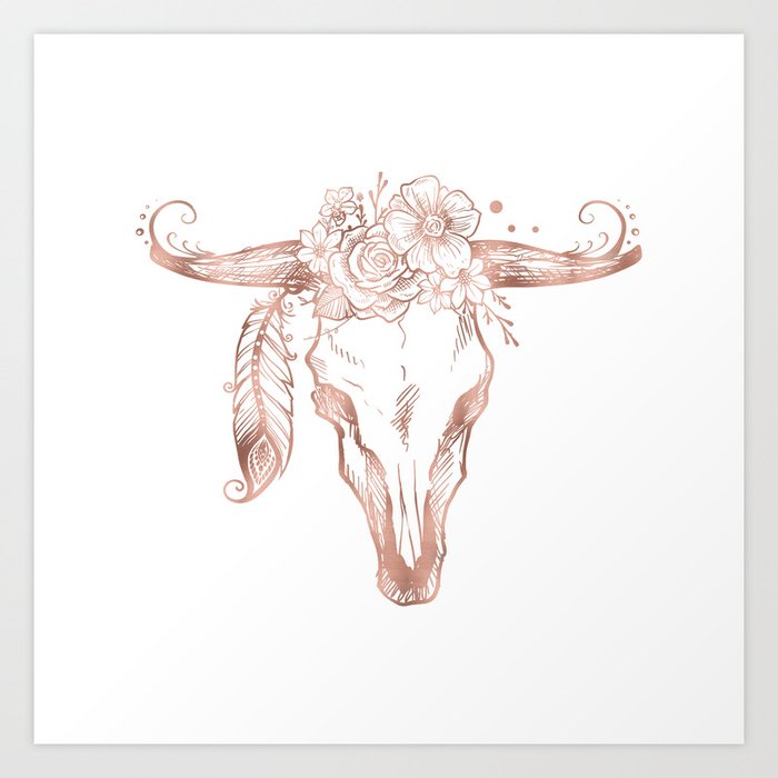 Rose Gold Bull Skull With Pink Feather Flowers Art Print By Naturemagick Society6