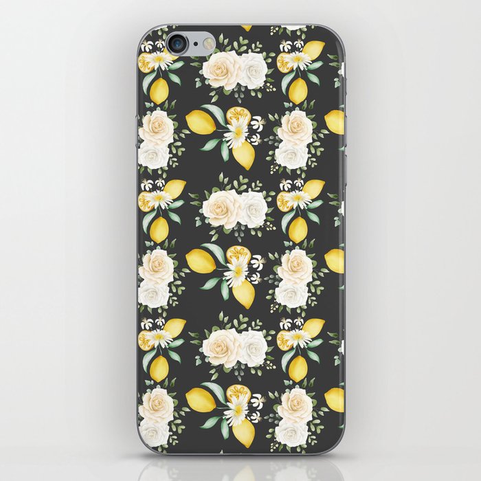 Lemons and White Flowers Pattern On Dark Grey Background iPhone Skin