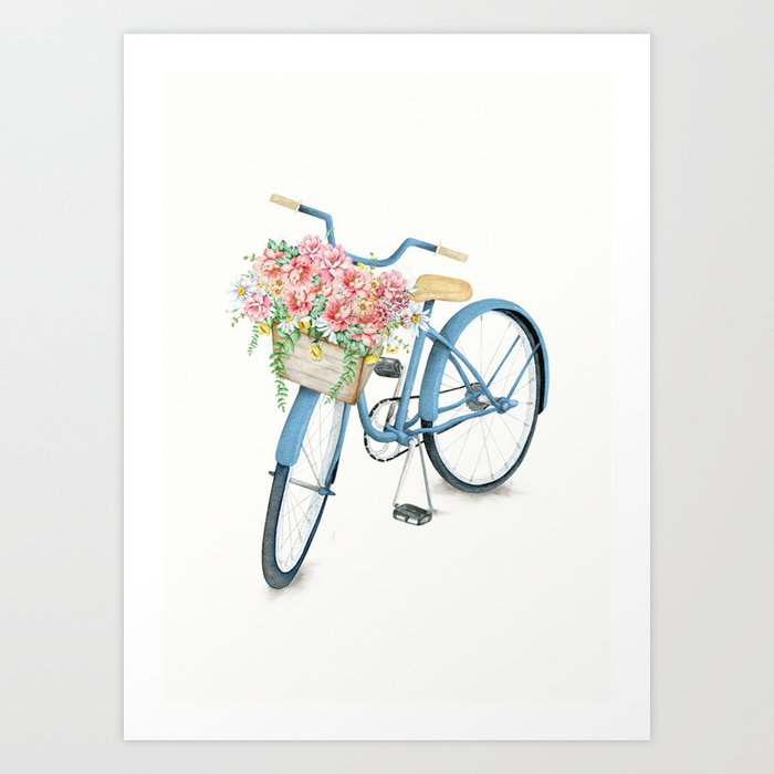 Blue Bicycle with Flowers in Basket Art Print