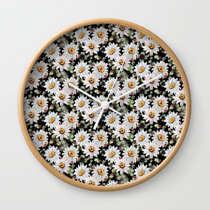 Nature pattern with Daisies, clovers and ladybugs on a black background Wall Clock