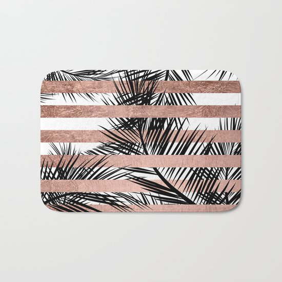 Trendy tropical palm trees chic rose gold stripes Bath Mat