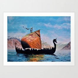 Viking Ship with orange Sail Art Print
