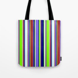 [ Thumbnail: Colorful Brown, Medium Slate Blue, Blue, Chartreuse & Light Cyan Colored Striped/Lined Pattern Tote Bag ]