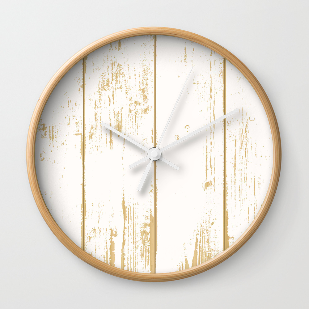 Rustic Wooden Texture White And Gold Antique Wood Wall Clock By Tinta6 Society6