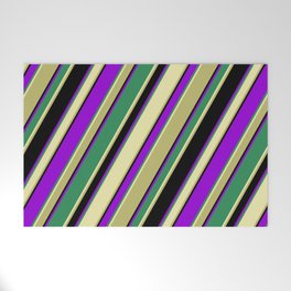 [ Thumbnail: Colorful Sea Green, Pale Goldenrod, Dark Khaki, Black & Dark Violet Colored Lined Pattern Welcome Mat ]
