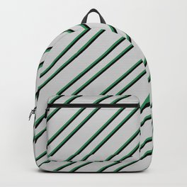 [ Thumbnail: Light Grey, Sea Green, and Black Colored Pattern of Stripes Backpack ]