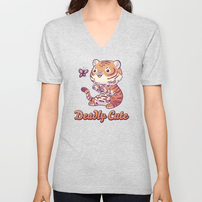 Deadly Cute Tiger // Kawaii, Big Cat, Animals V Neck T Shirt