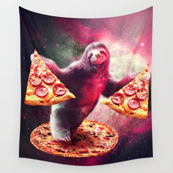 Funny Space Sloth With Pizza Wall Tapestry