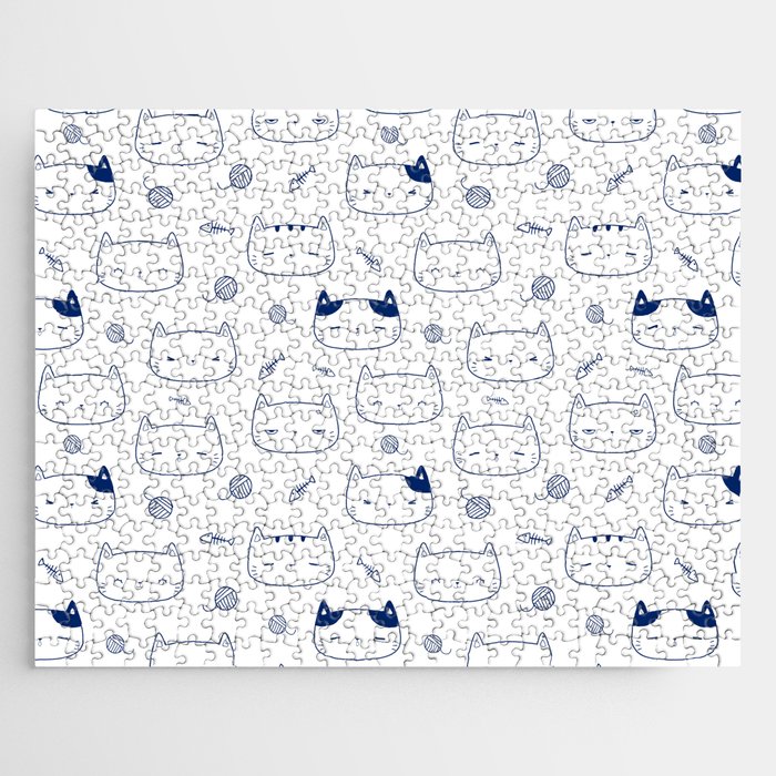 Blue Doodle Kitten Faces Pattern Jigsaw Puzzle