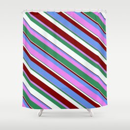 [ Thumbnail: Vibrant Cornflower Blue, Violet, Sea Green, Mint Cream & Maroon Colored Lined Pattern Shower Curtain ]