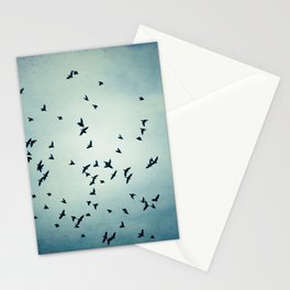 Birds Flying in Sky, Blue Nature Photography, Bird Flock Fly Dark Blue Stationery Cards