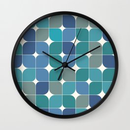 Abstract retro 70s geometric leaves pattern in Blue and teal Wall Clock