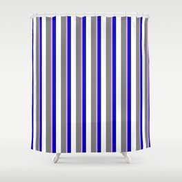 [ Thumbnail: Eyecatching Blue, Plum, Grey, White, and Black Colored Lines Pattern Shower Curtain ]