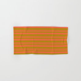 [ Thumbnail: Red and Dark Goldenrod Colored Lined/Striped Pattern Hand & Bath Towel ]