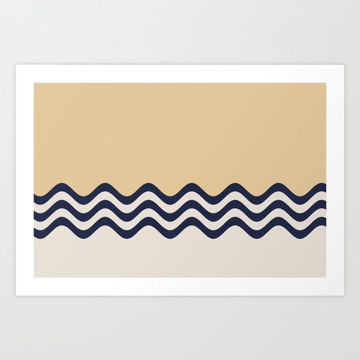 Beige Cream and Navy Blue Triple Wavy Horizontal Stripe Pattern Art Print