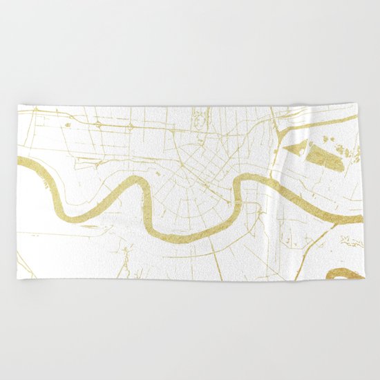 New Orleans White and Gold Map Beach Towel