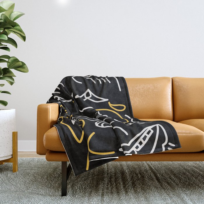 line art faces in black and yellow Throw Blanket by Little Dean Society6
