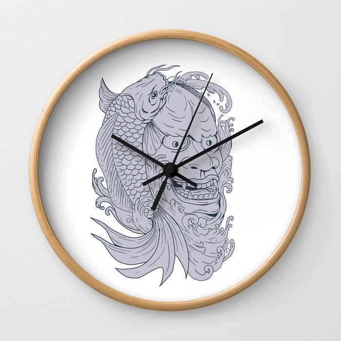Hannya Mask and Koi Fish Drawing Wall Clock